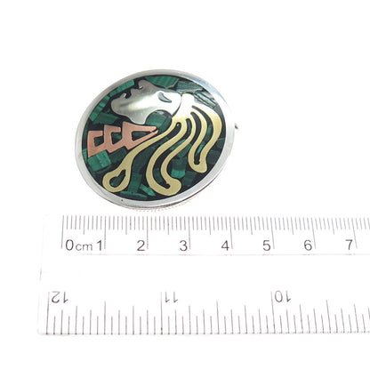 925 Sterling Silver 3-Tone Vintage Mexico Real Malachite Warrior Brooch Pendant