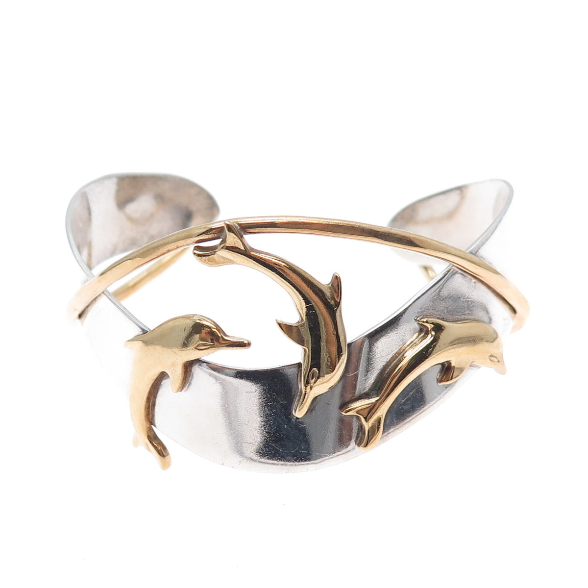 COURTNEY 925 Sterling Silver 2-Tone Vintage Dolphin Adjustable Bracelet 6.5"