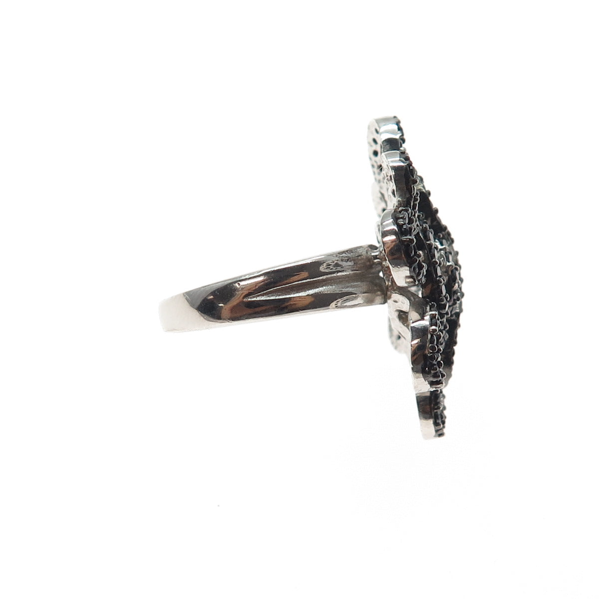 925 Sterling Silver Real Black Spinel & C Z Modernist Flower Ring Size 6.25