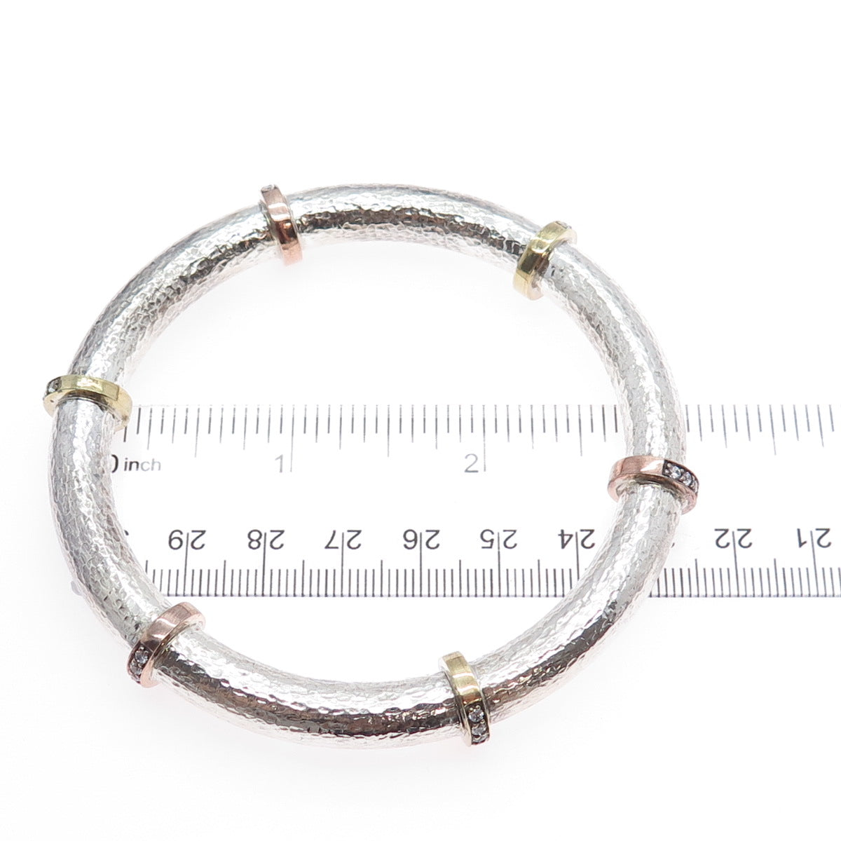 SILPADA 925 Sterling 2-Tone Vintage Round-Cut C Z Hammered Bangle Bracelet 8"