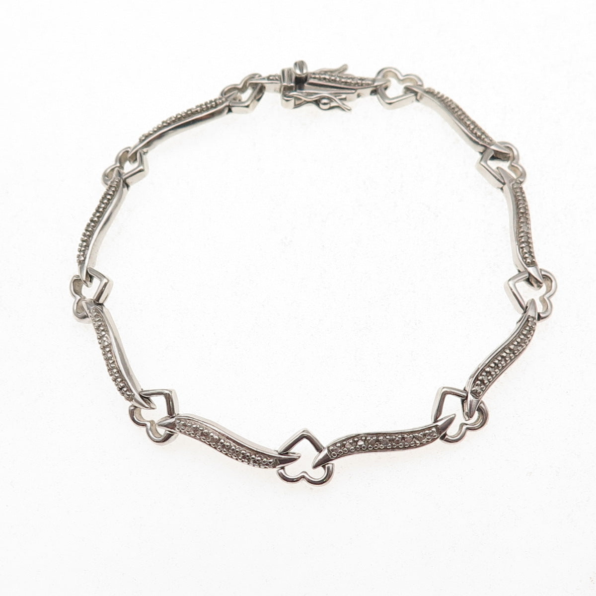 925 Sterling Silver Real Round-Cut Diamond Heart & Bar Link Bracelet 7.25"