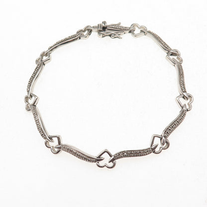 925 Sterling Silver Real Round-Cut Diamond Heart & Bar Link Bracelet 7.25"