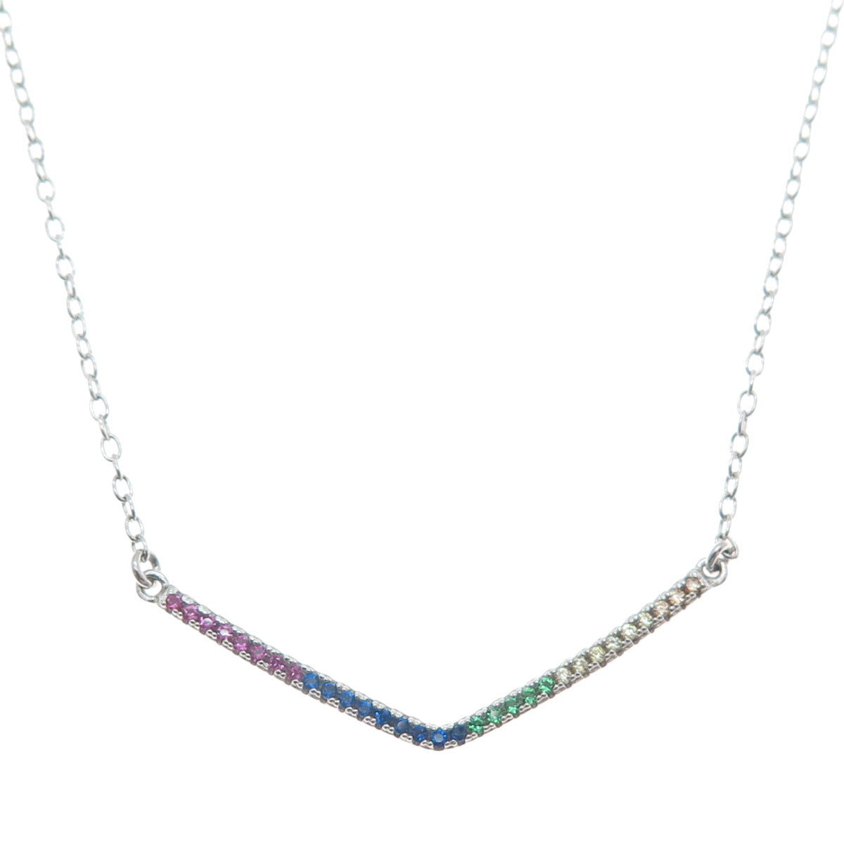 925 Sterling Silver Multi-Color C Z V-Style Cable Chain Necklace 16"