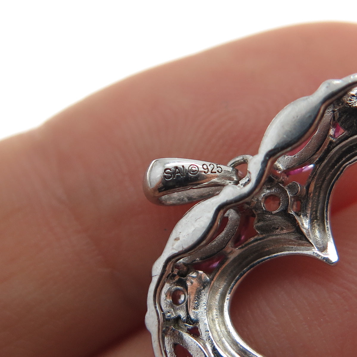 SAI 925 Sterling Silver Real Pink Sapphire & White Topaz Heart Charm Pendant