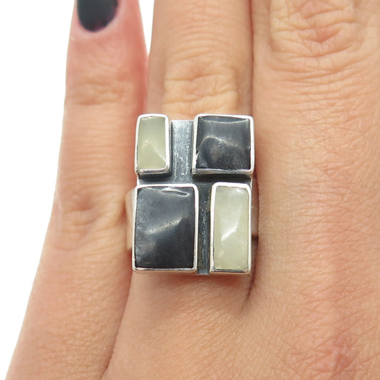 925 Sterling Silver Vintage Mexico Cream & Black Enamel Modernist Ring Size 7.25