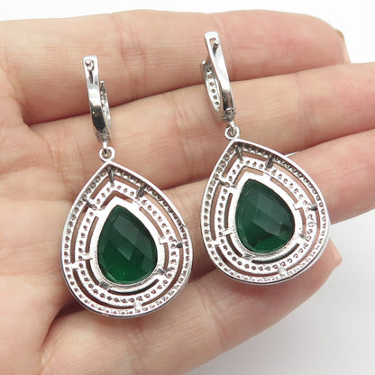 925 Sterling Silver White & Green C Z Dangling Earrings