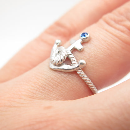 925 Sterling Silver Blue C Z Anchor Adjustable Ring Size 4.75