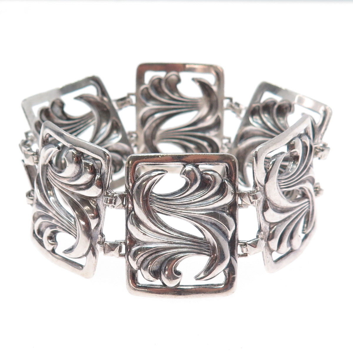 925 Sterling Silver Antique Art Deco Floral Panel Link Oxidized Bracelet 7"