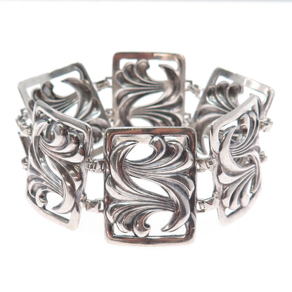 925 Sterling Silver Antique Art Deco Floral Panel Link Oxidized Bracelet 7"
