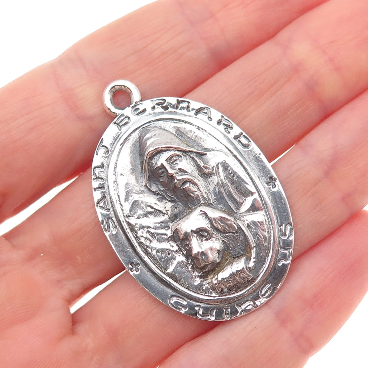 925 Sterling Silver Antique Art Deco St. Bernard Medal Oxidized Charm Pendant