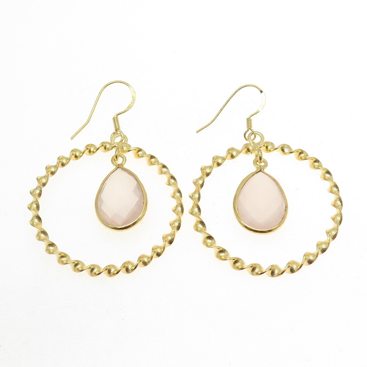 925 Sterling Silver Gold Plated Real Rose Quartz Twisted Circle Earrings