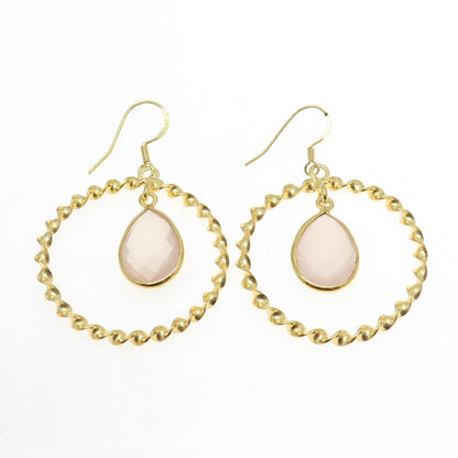 925 Sterling Silver Gold Plated Real Rose Quartz Twisted Circle Earrings