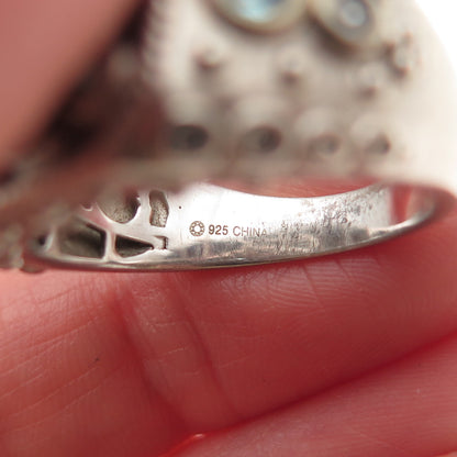 925 Sterling Silver Real Opal Blue Topaz & C Z Ring Size 9.25