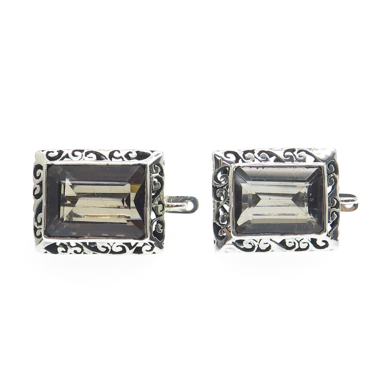 925 Sterling Silver Vintage Real Emerald-Cut Smoky Quartz Ornate Swirl Earrings