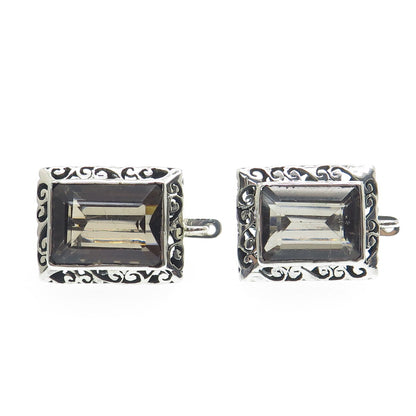 925 Sterling Silver Vintage Real Emerald-Cut Smoky Quartz Ornate Swirl Earrings