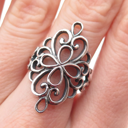 925 Sterling Silver Vintage Modernist Floral Oxidized Ring Size 7.5