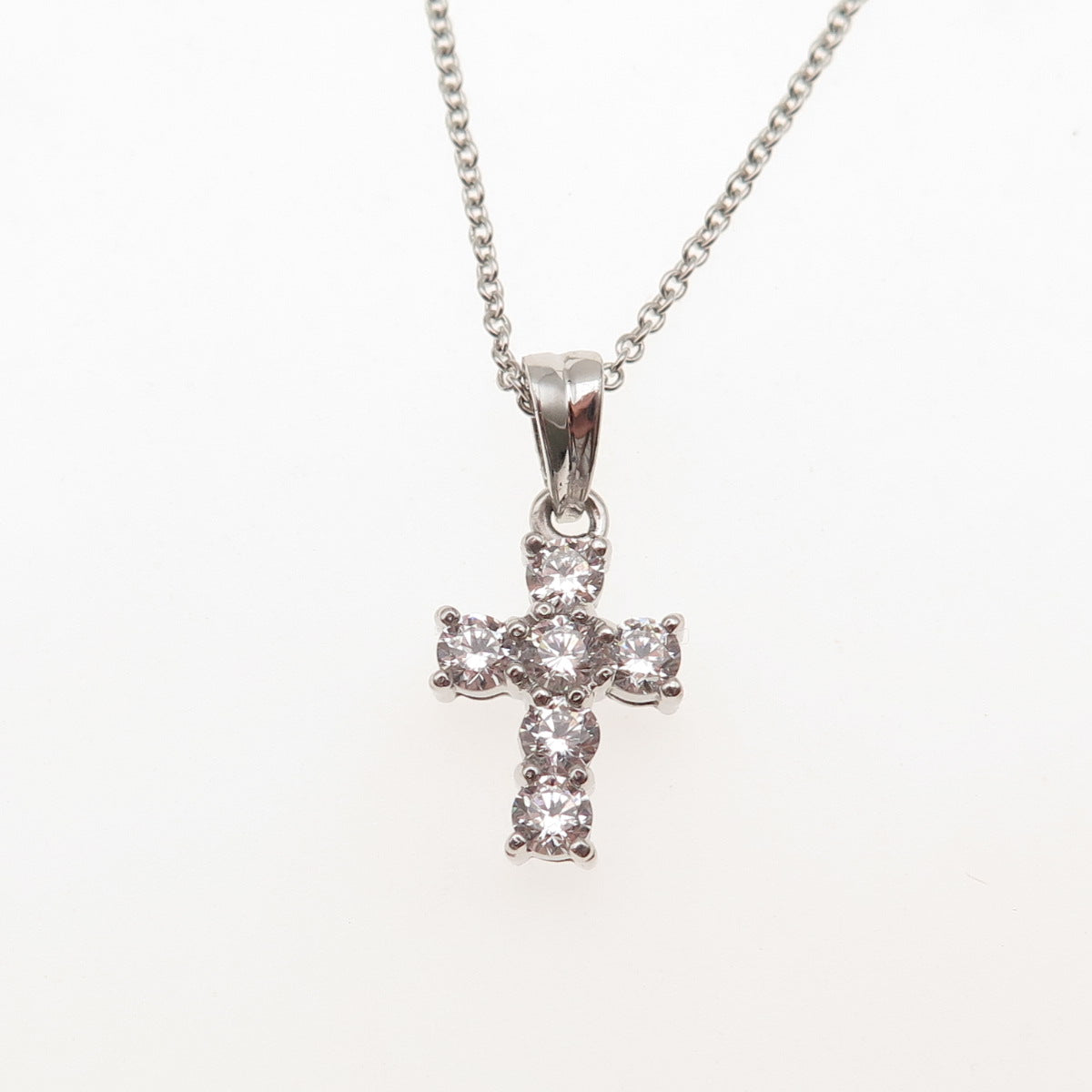 925 Sterling Silver Round-Cut C Z Cross Cable Chain Necklace 16-18"