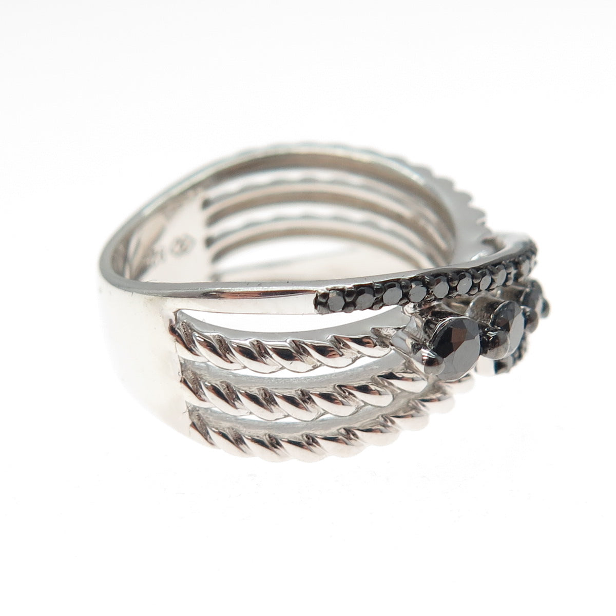 925 Sterling Silver Real Round-Cut Black Diamond Crisscross Ring Size 6.25