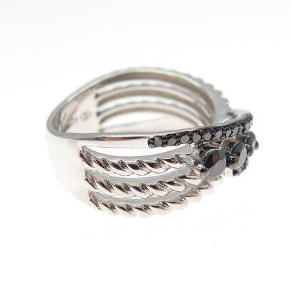 925 Sterling Silver Real Round-Cut Black Diamond Crisscross Ring Size 6.25