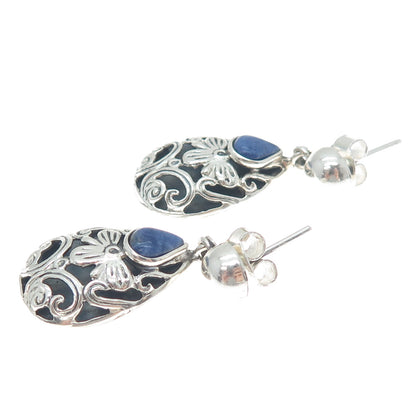 950 Silver Vintage Real Sodalite Gemstone Floral Teardrop Dangle Earrings