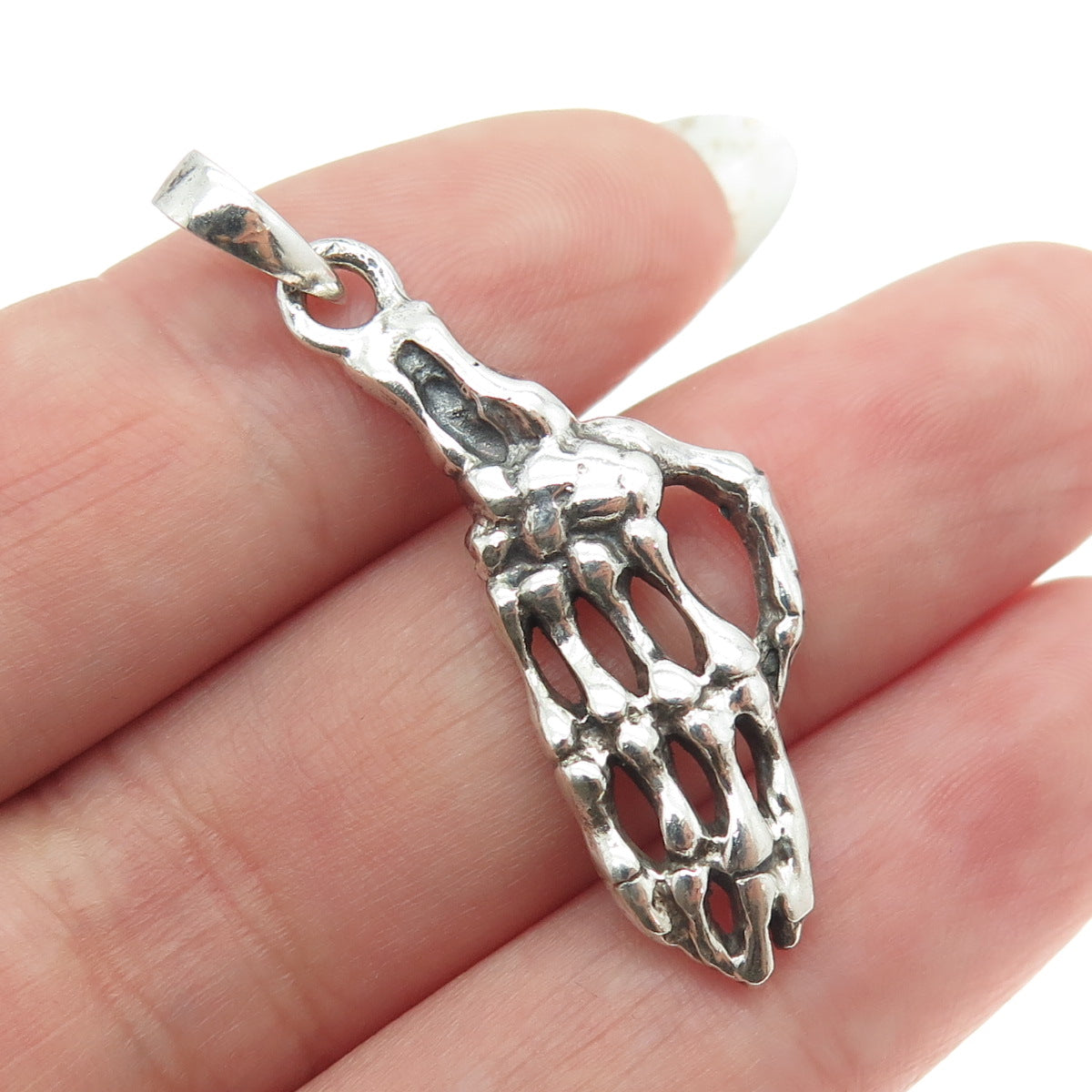 925 Sterling Silver Vintage Skeleton Hand Biker Pendant