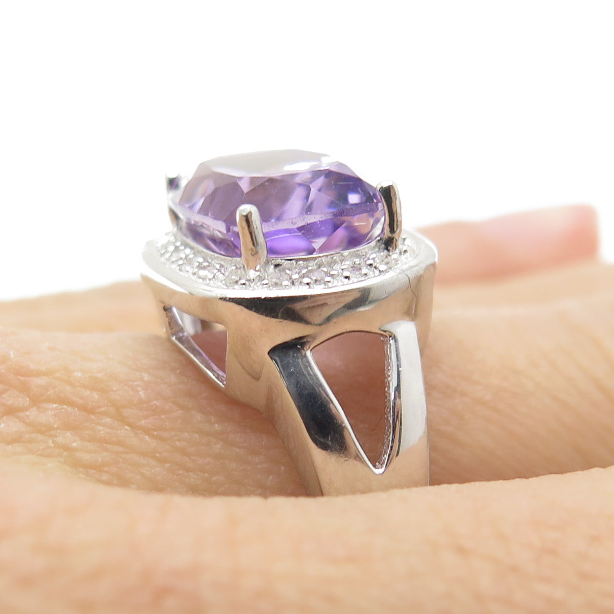 925 Sterling Silver Real Round-Cut Diamond & Amethyst Ring Size 7.25