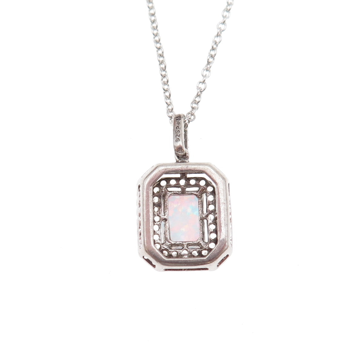 925 Sterling Silver Real Opal & C Z Cable Chain Necklace 18"