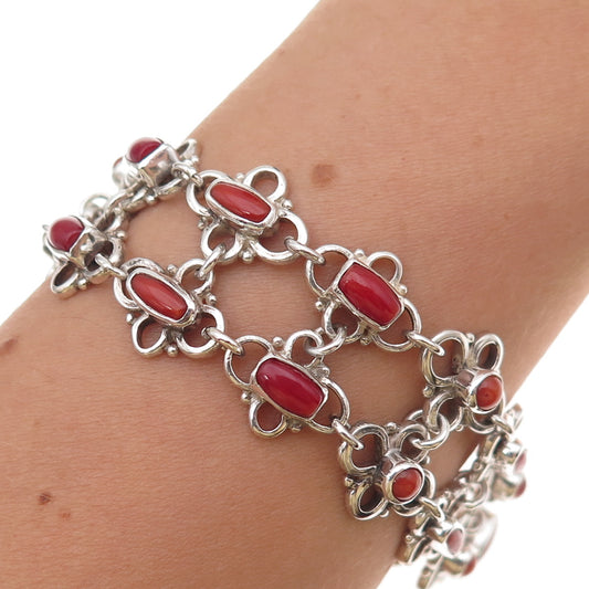 Old Pawn 925 Sterling Silver Vintage Southwestern Coral Floral Link Bracelet 7"