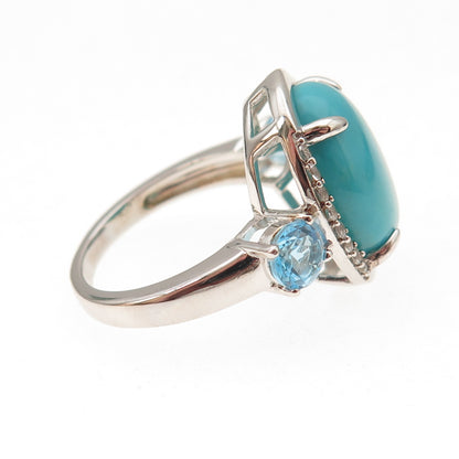 925 Sterling Real Sleeping Beauty Turquoise Blue & White Topaz Ring Size 8
