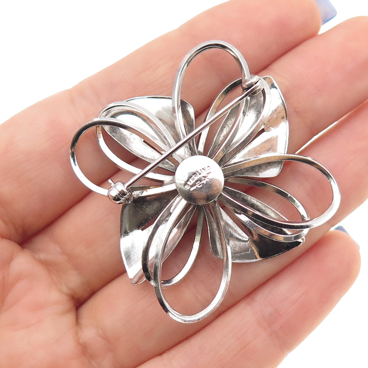 CARL ART 925 Sterling Silver Antique Art Deco Rhinestone Flower Pin Brooch