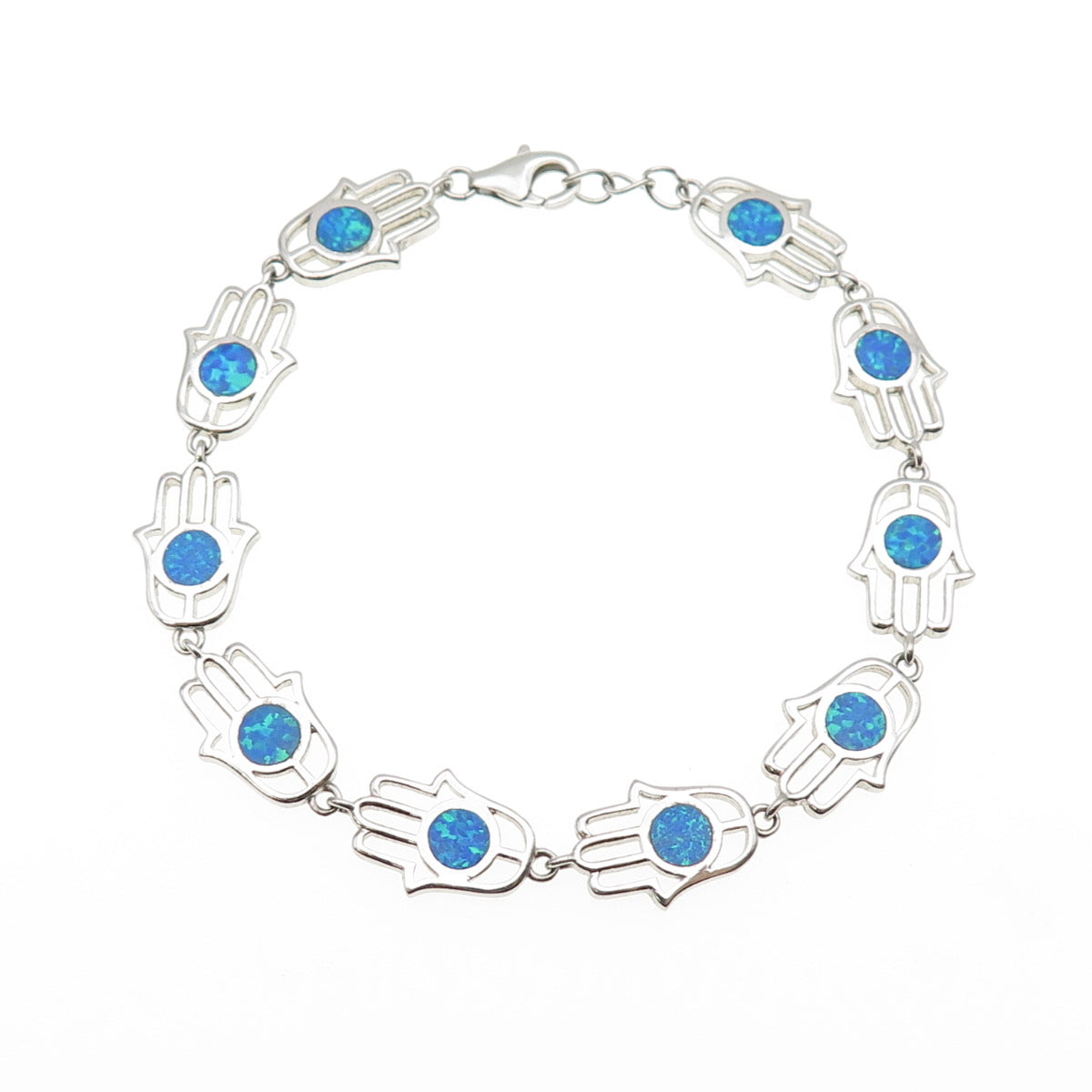 925 Sterling Silver Real Opal Hamsa Amulet Link Bracelet 8"
