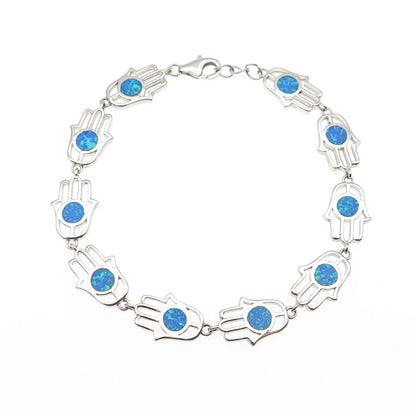925 Sterling Silver Real Opal Hamsa Amulet Link Bracelet 8"