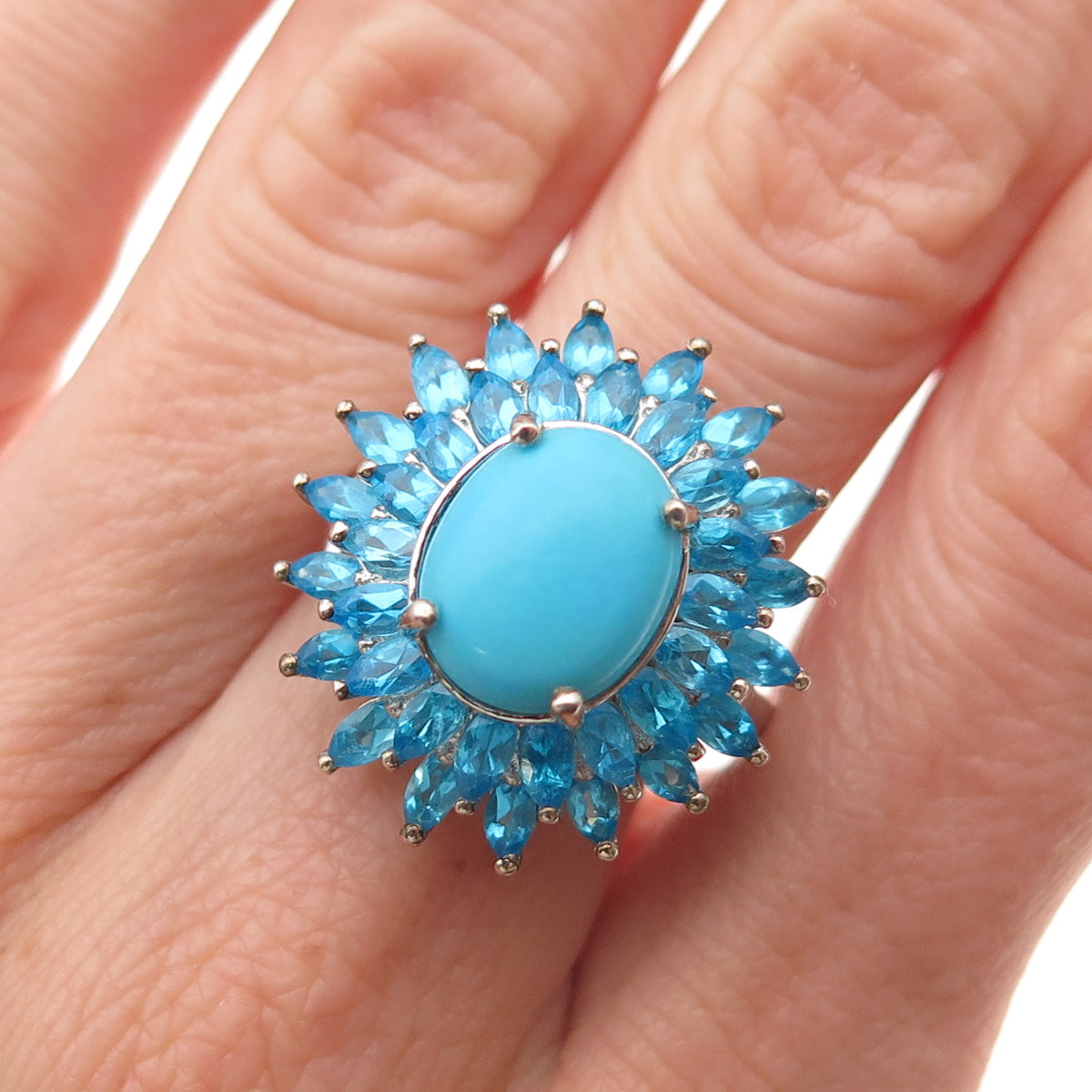 D'Joy 925 Sterling Silver Real Sleeping Beauty Turquoise & Apatite Ring Size 8