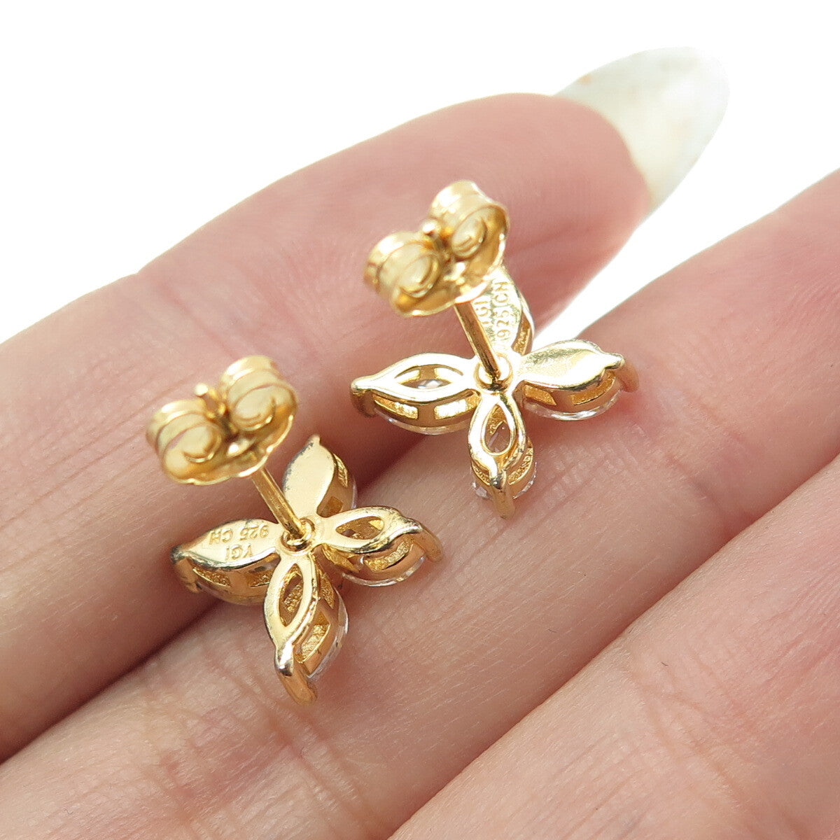 925 Sterling Silver Gold Plated Marquise-Cut C Z Floral Earrings