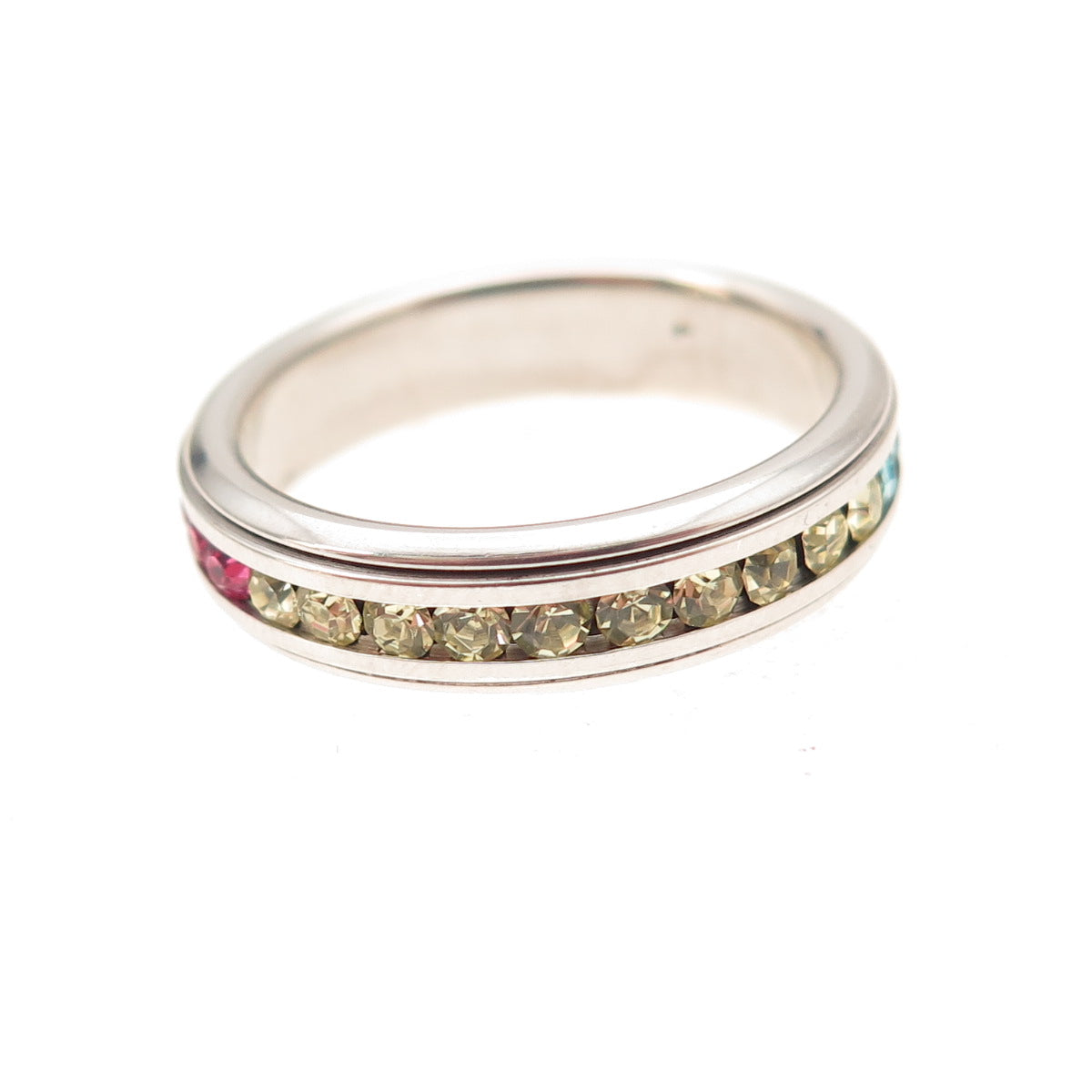 925 Sterling Silver Round-Cut Multi-Color Rhinestone Band Ring Size 6.25