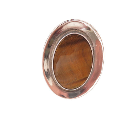 925 Sterling Silver Vintage Mexico Real Tiger Eye Modernist Ring Size 8.75