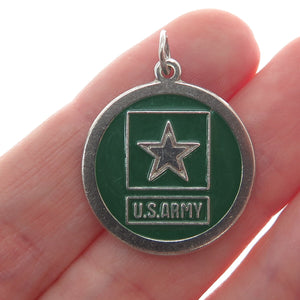 925 Sterling Silver Vintage Enamel US Army Star Round Dog Tag Charm Pendant