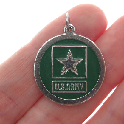 925 Sterling Silver Vintage Enamel US Army Star Round Dog Tag Charm Pendant