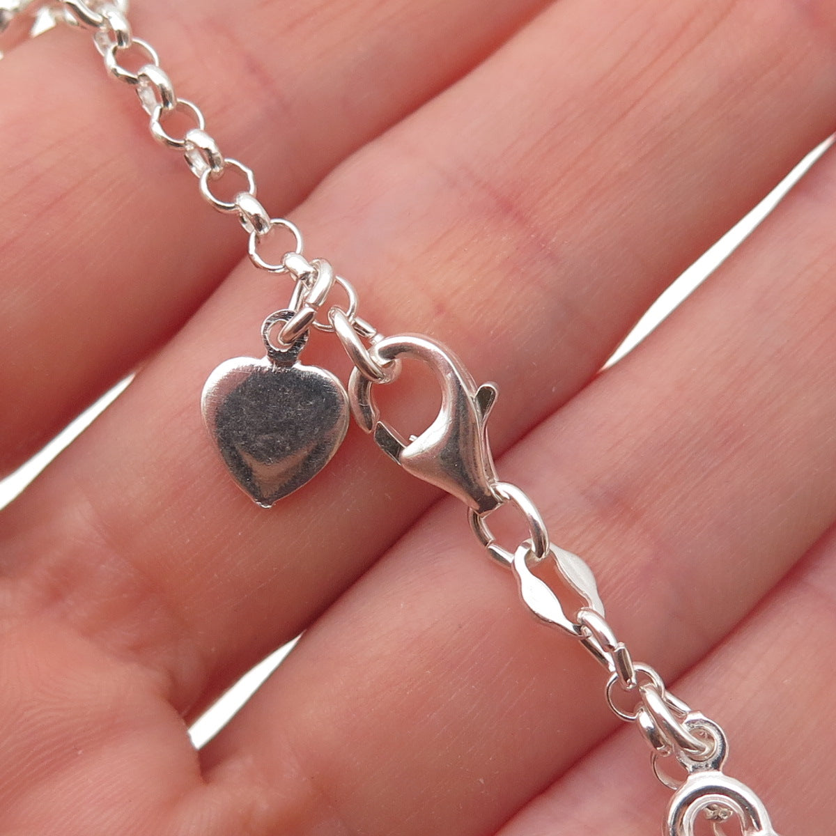 925 Sterling Silver Italy Heart Lock Dangle Charm Bracelet 6.75"
