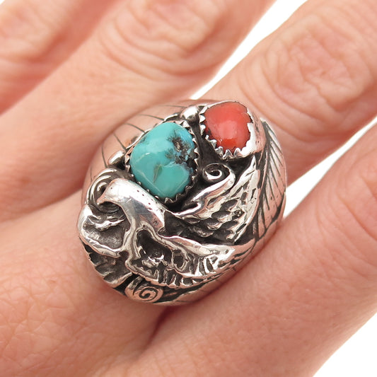 Rex Abeita Navajo Old Pawn Sterling Vintage Turquoise Coral Eagle Ring Size 9.75