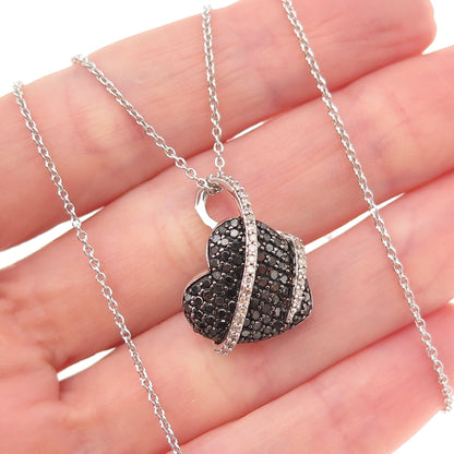925 Sterling Silver Real Black & White Diamond Heart Cable Chain Necklace 18"