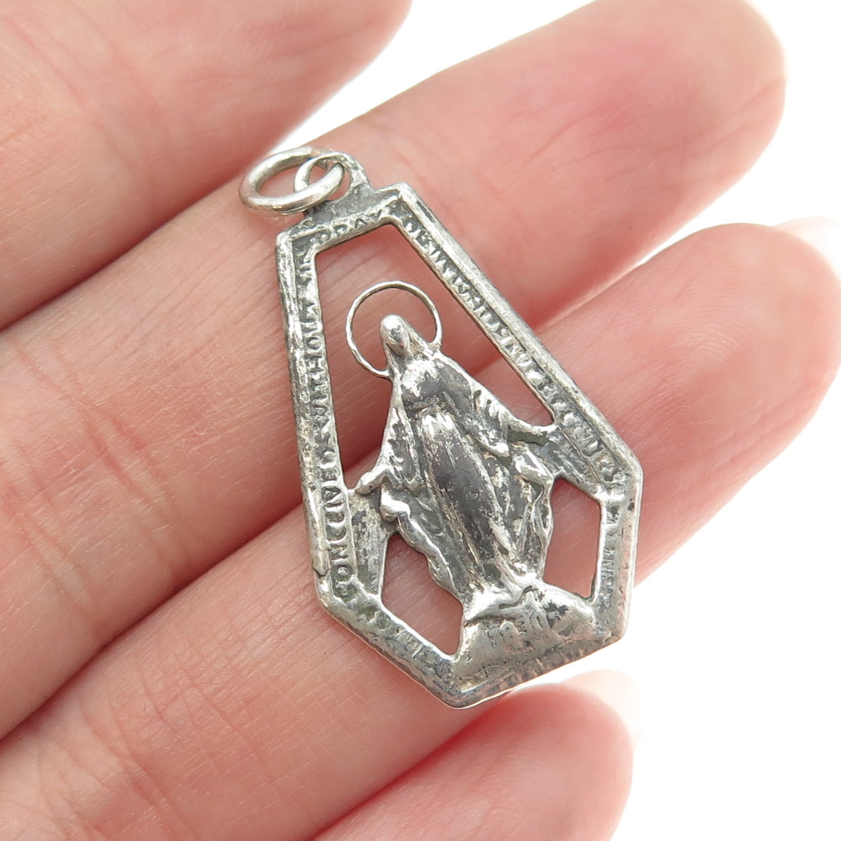 925 Sterling Silver Antique Art Deco Saint Mary Miraculous Religious Pendant