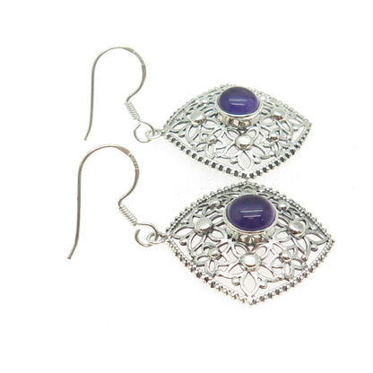925 Sterling Silver Vintage Real Amethyst Flower Oxidized Dangle Earrings