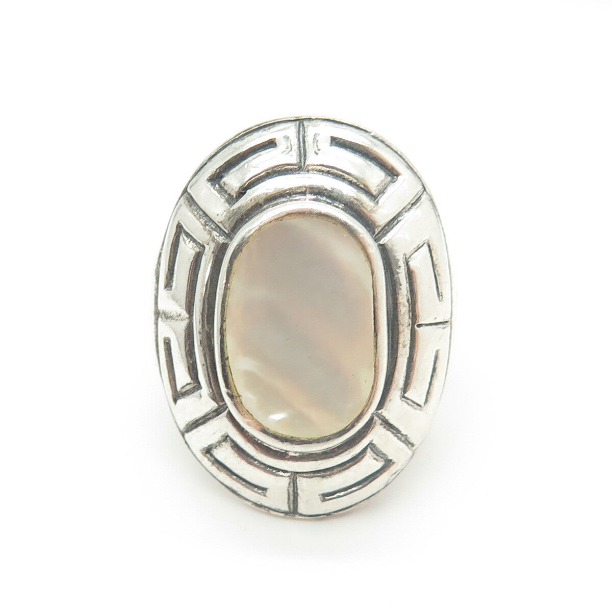 925 Sterling Silver Vintage Real Mother-of-Pearl Greek Maze Ring Size 6.5