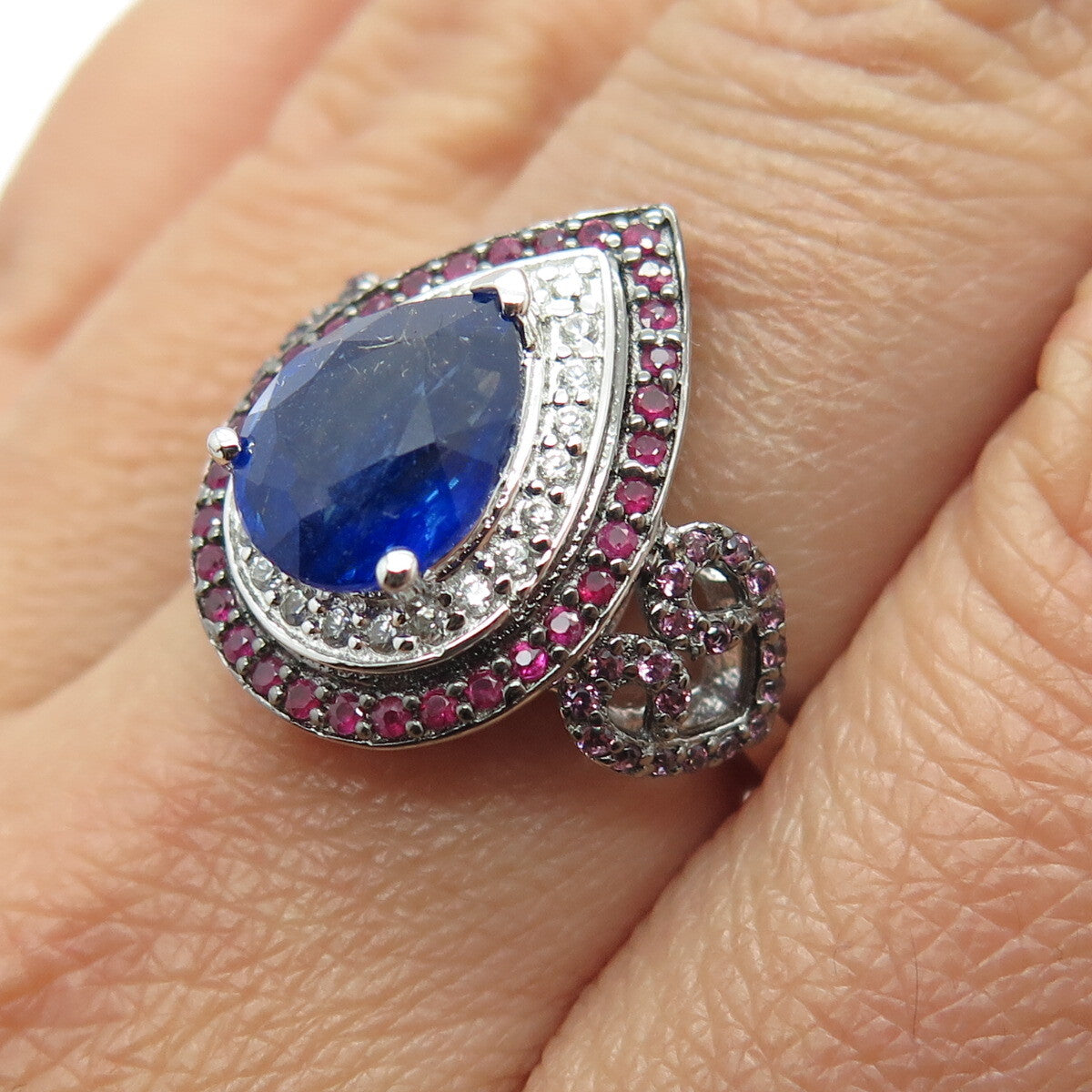 DSMK 925 Sterling Silver Blue & Pink Sapphire White Topaz Gem Pear Ring Size 7
