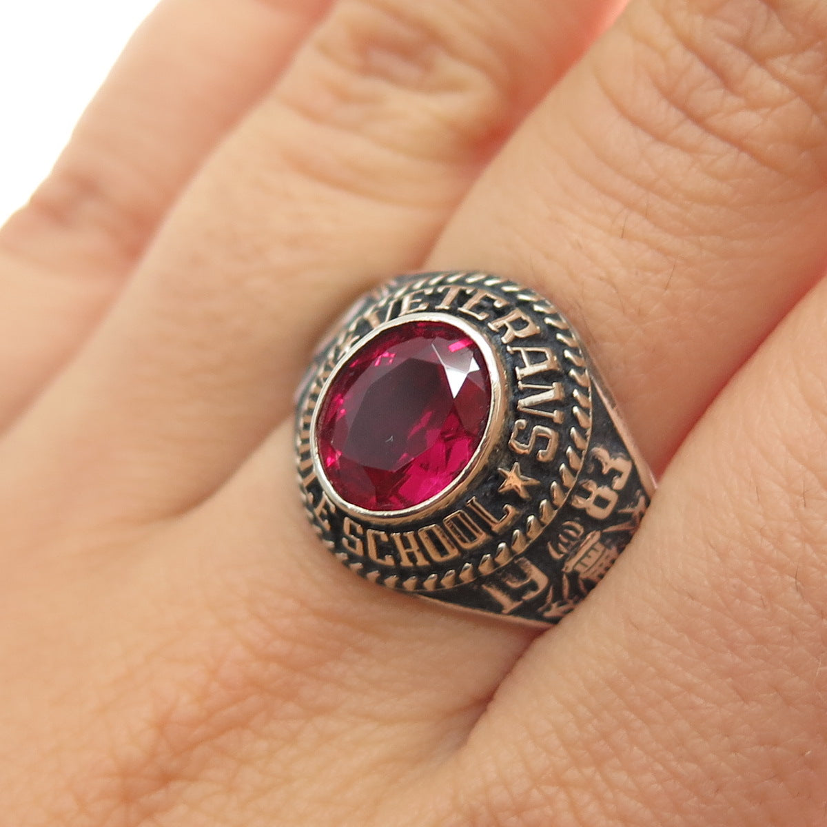 925 Sterling Vintage 1983 Lab-Created Ruby Veterans Middle School Ring Size 8