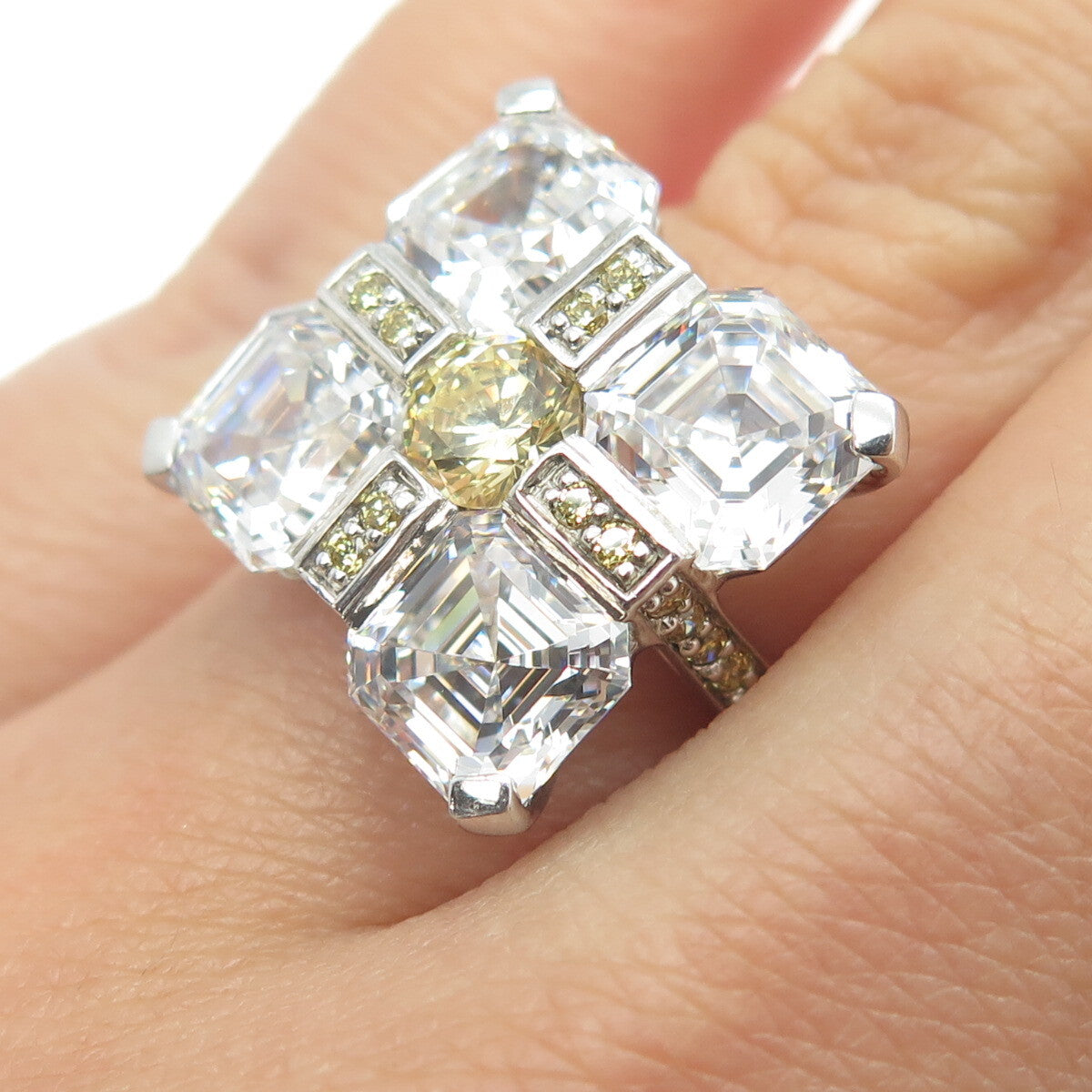 DANIEL K 925 Sterling Silver Multi-Cut Canary & White C Z Cross Ring Size 6