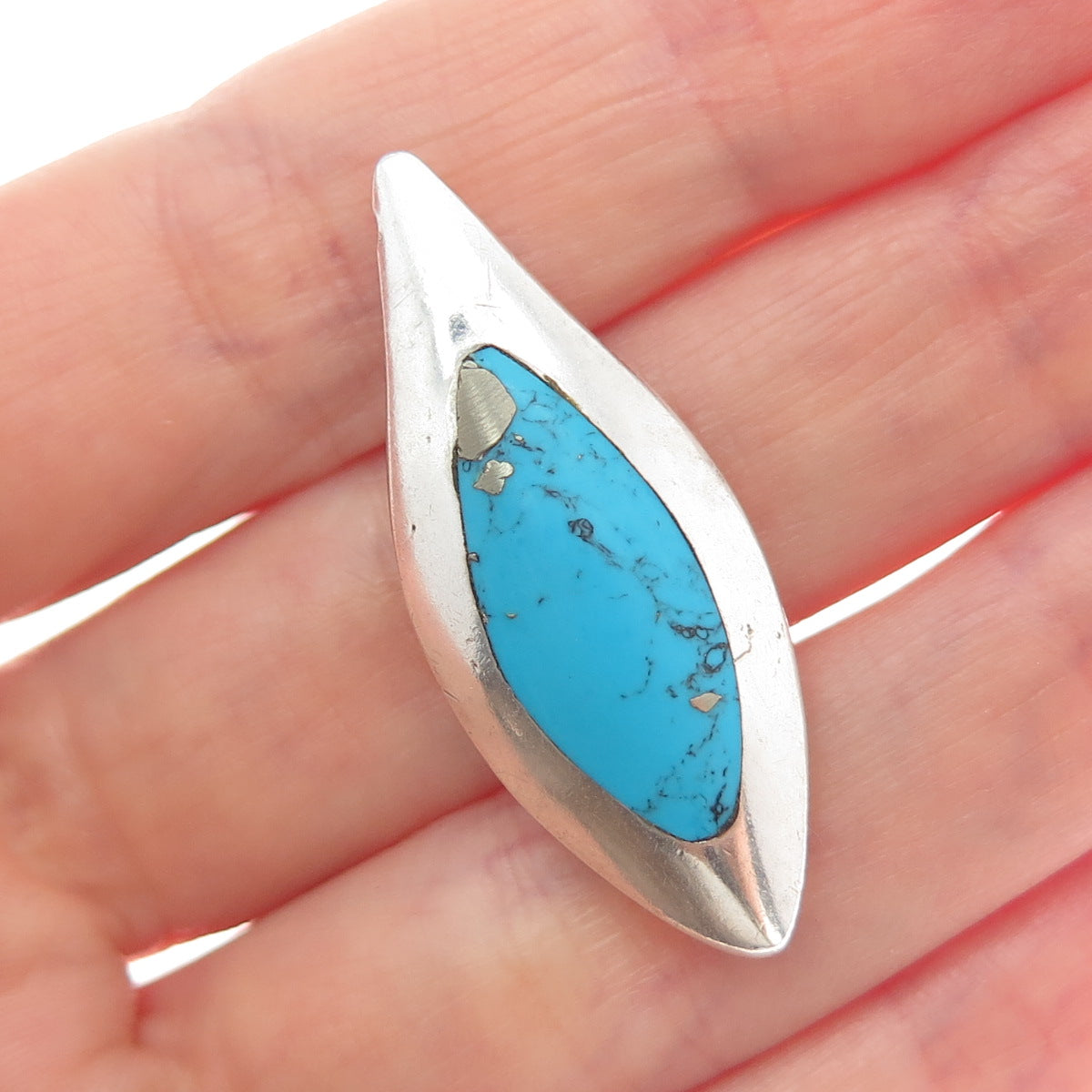 925 Sterling Silver Vintage Black Onyx Turquoise Gem Double Sided Slide Pendant