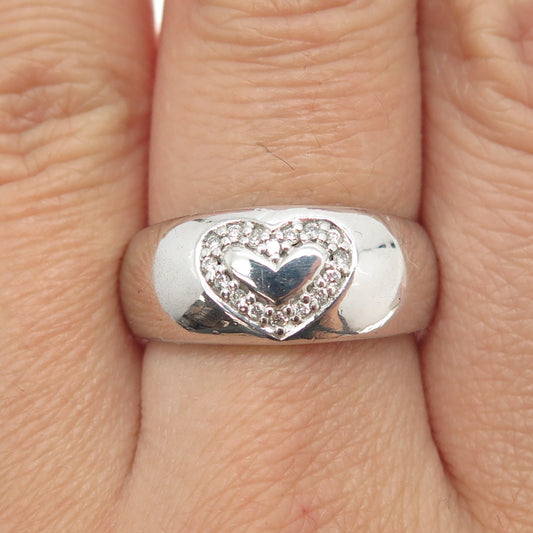 925 Sterling Silver Real Round-Cut Diamond Heart Ring Size 8