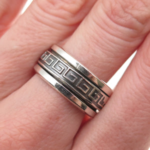 925 Sterling Silver Vintage Greek Key Oxidized Rotating Band Ring Size 9
